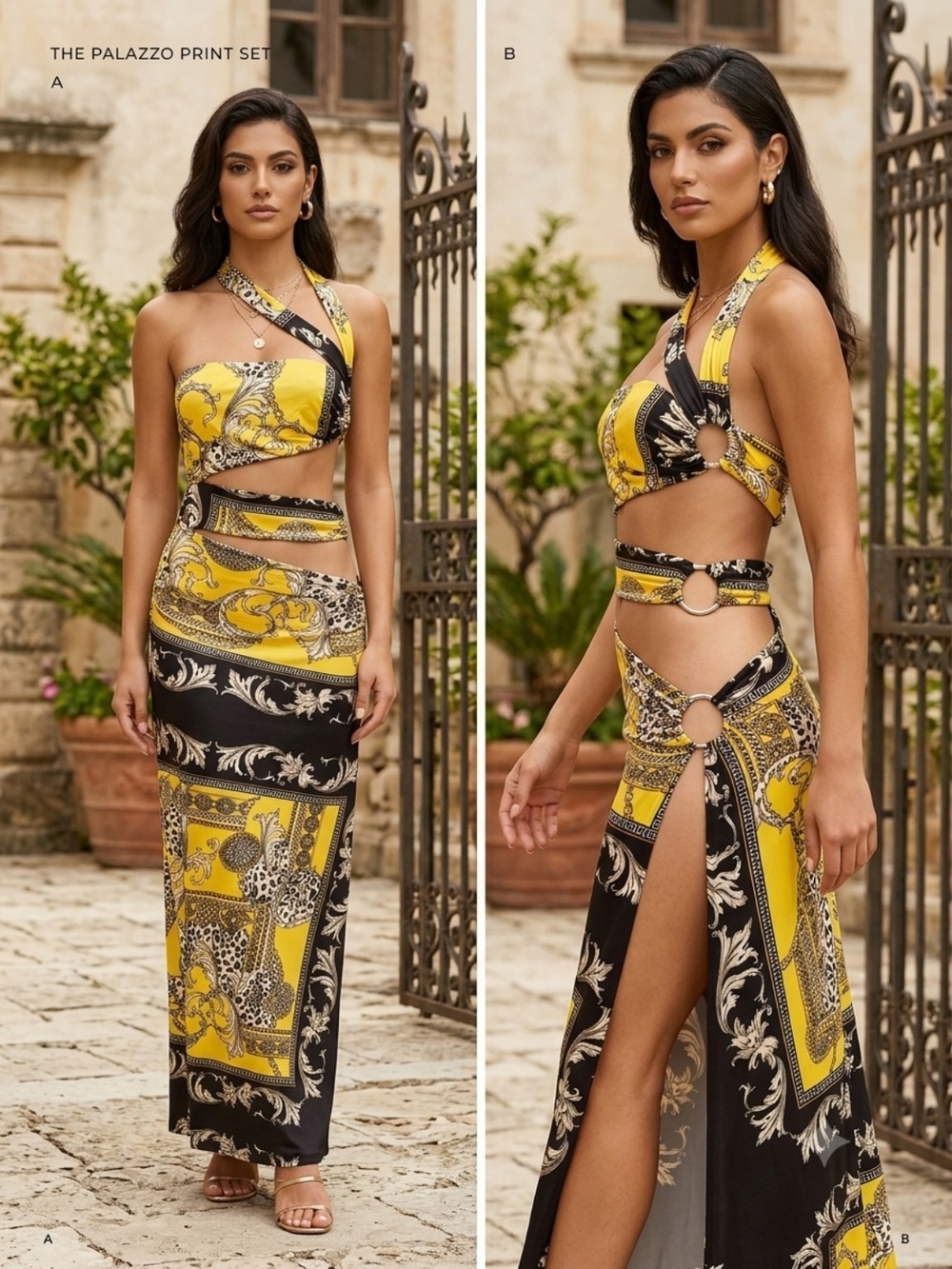 Cutout Halter Maxi Dress in Yellow and Black NWOT
